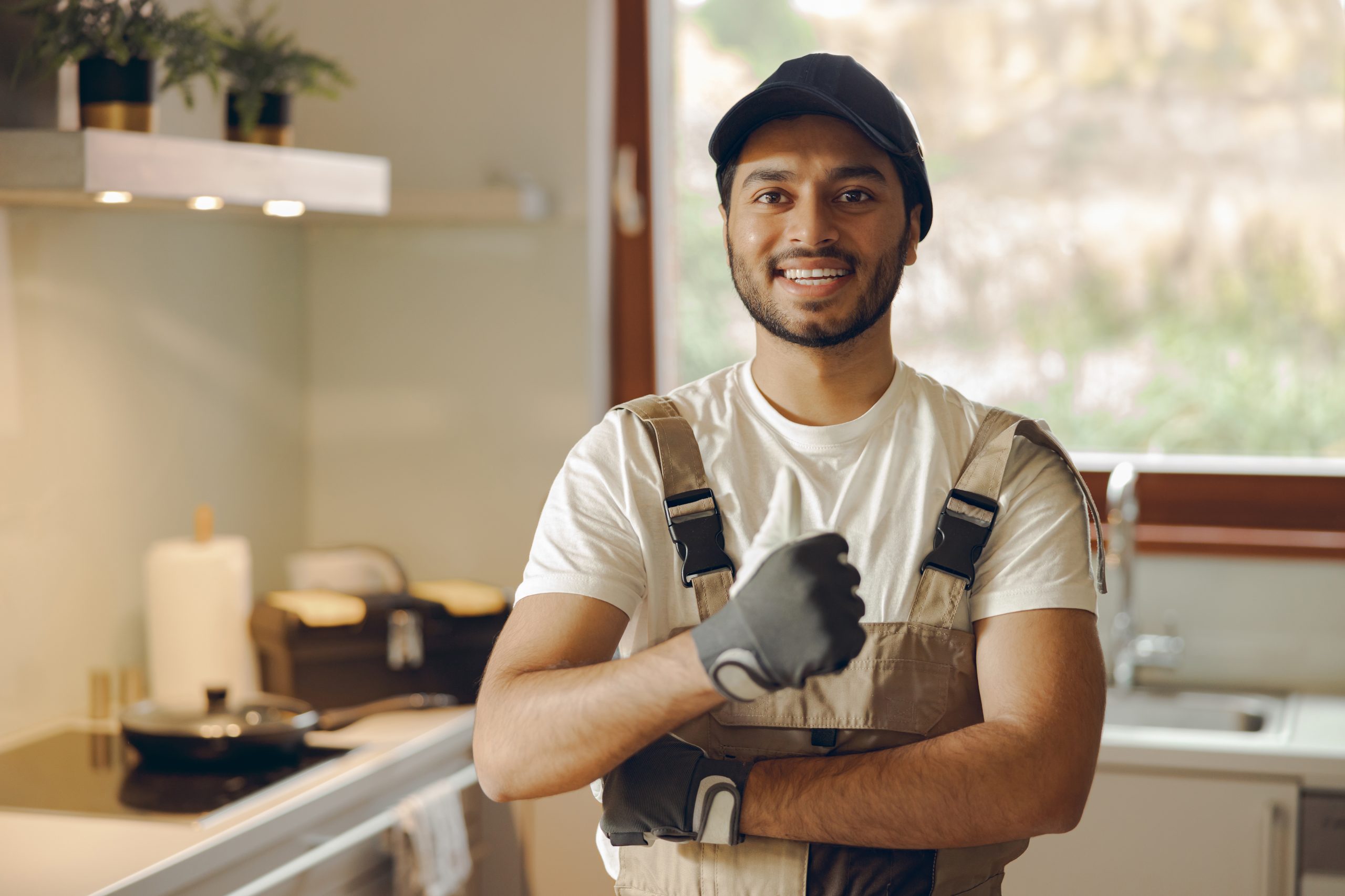 portrait of young smiling repairman in uniform standing at home kitchen and showing sign ok